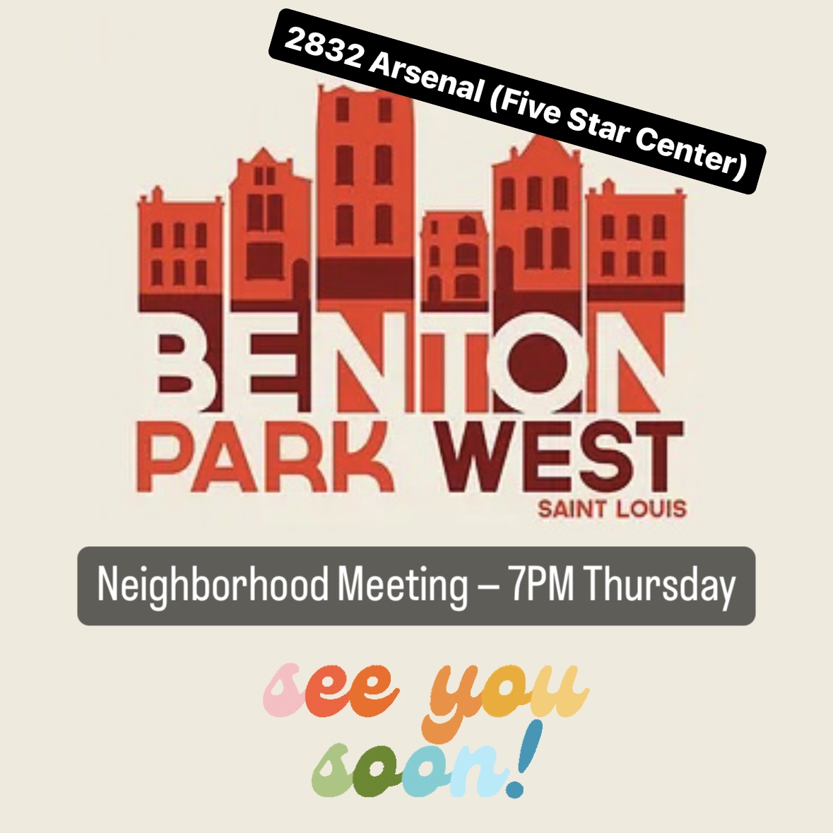 Neighborhood meeting this Thursday!
7PM at Five Star Center (2832 Arsenal)

Join us in person or virtually—see you soon!

bentonparkwest.org/events