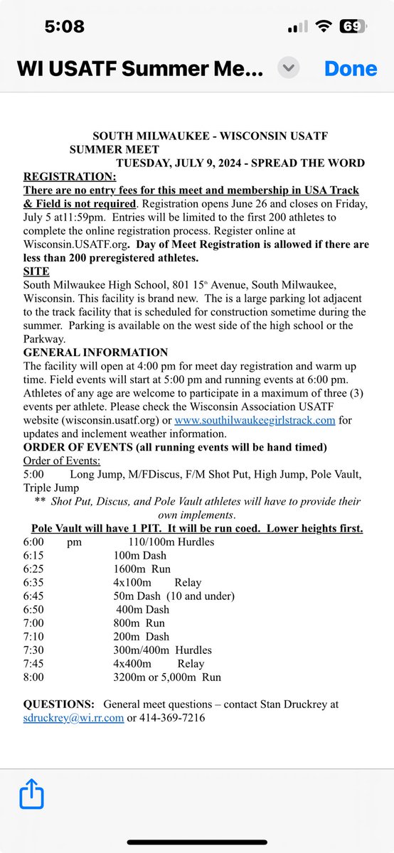 FREE All Ages meet hosted by ⁦<a href="/SoMilwSchools/">South Milwaukee Sch.</a>⁩ &amp; sponsored by <a href="/usatf/">USATF</a>.  Register online by Friday July 5th.