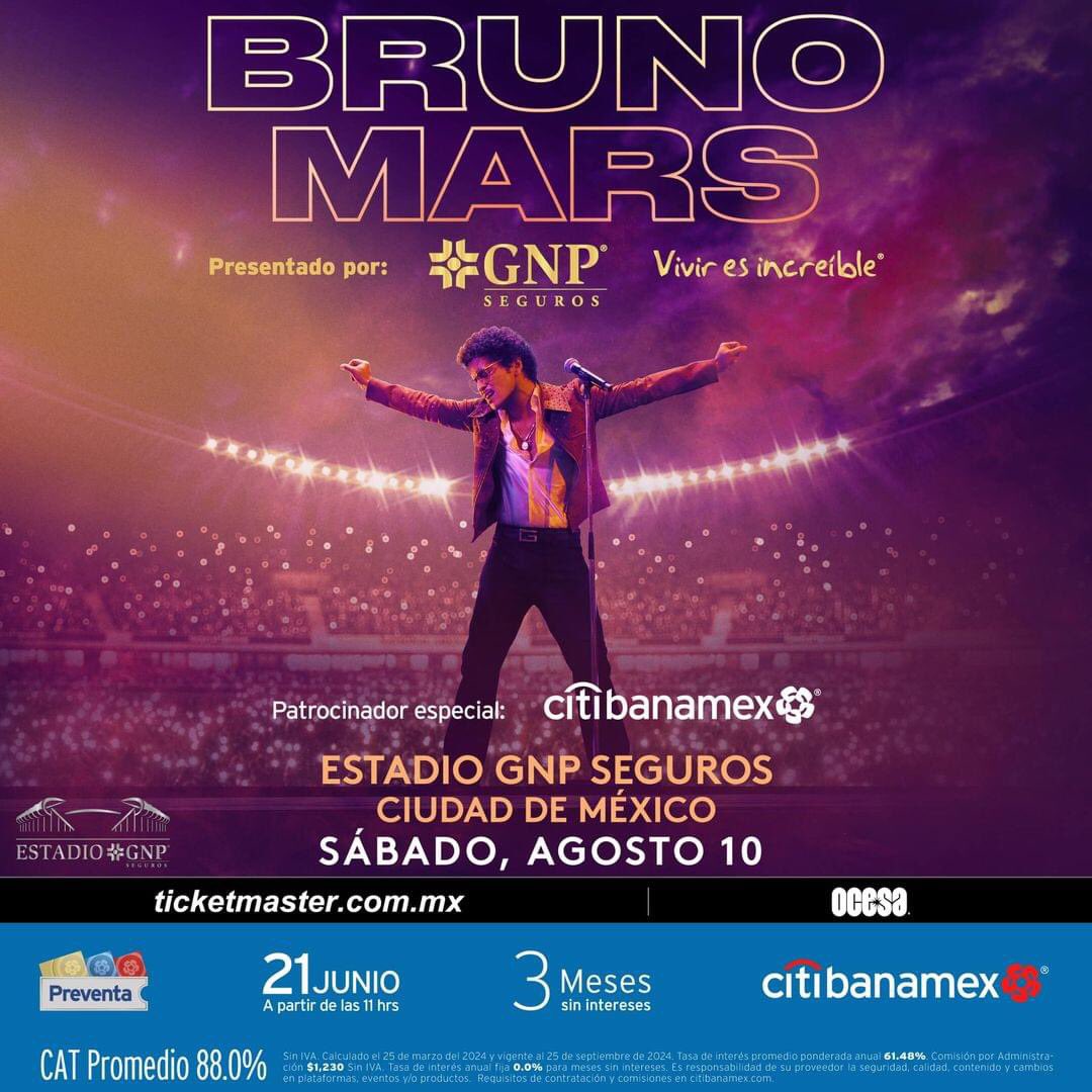 CallingMx's tweet image. Presentado por GNP Seguros:
Guess who’s back again 🎵 ¡Bruno Mars regresa a México para inaugurar el Estadio GNP Seguros! 💜✨ #Viviresincreíble
Patrocinador especial Citibanamex 
#PreventaCitibanamex: 21 de junio.
Venta general a partir del 22 de junio.