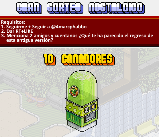 📢Gran Sorteo Nostalgico🥳
Serán 10 ganadores de una Habbo Cola

Requisitos👇
1⃣Seguirme + Seguir a @4marcphabbo 
2⃣Dar RT+ Like
3⃣Menciona 2 amigos y comentanos ¿Qué te ha parecido el regreso de esta antigua versión de Habbo?

Finaliza el 2 de Julio⏳
¡Mucha suerte!🍀