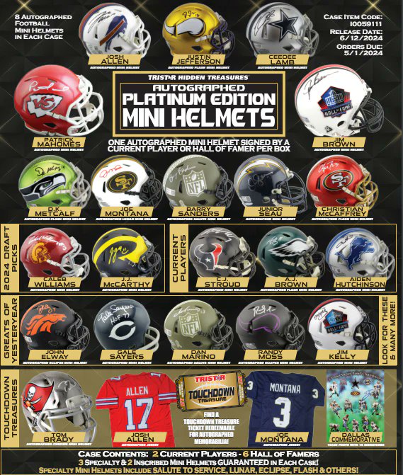 Hey Folks,

There are a couple new releases for this Wednesday. I posted the football on Friday, but technically it doesn't release until Wed.

1. 2024 Tristar Mini Platinum Football Helmets 
2. 2023/24 Topps Chrome Bund Soccer   

There are letters &amp; #s
cardsinfinity.com/collections/ac…