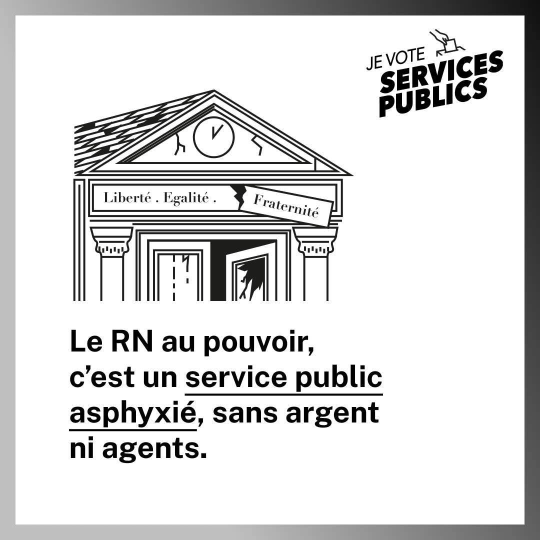 nosservicespub's tweet photo. Le RN promet de “redonner au service public ses lettres de noblesse”: c’est un mensonge. Le RN au pouvoir, c’est un service public asphyxié, sans argent ni agents. #jevoteservicespublics⬇️ https://t.co/bdF91lzzvJ