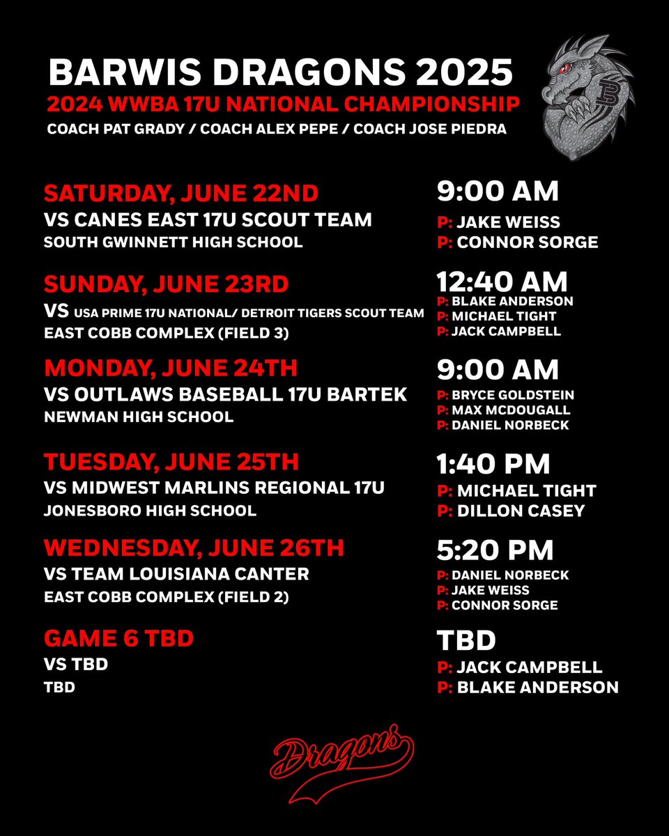 Our schedule and pitching rotation for the <a href="/PG_Tourney/">Perfect Game Tournaments</a> WWBA 17U National Championship.