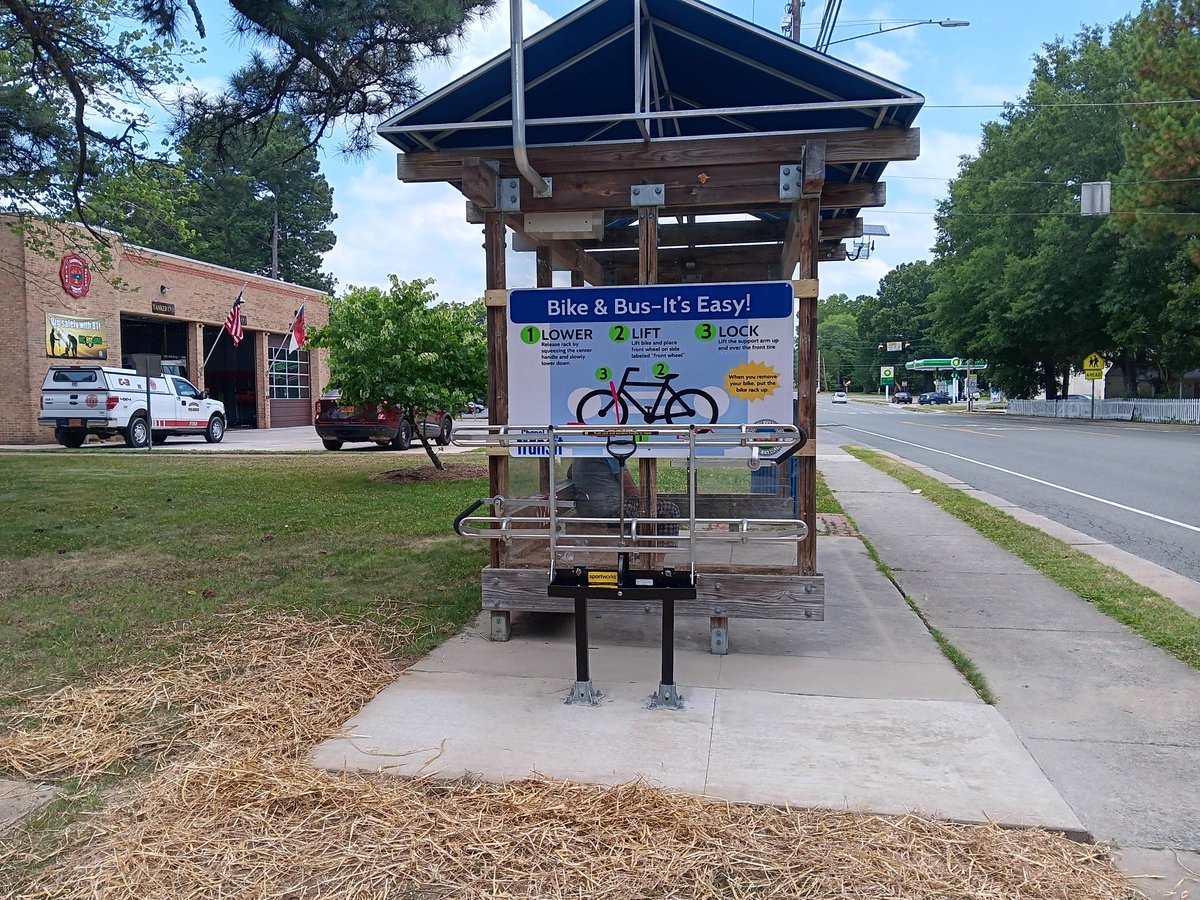 A great addition to Carrboro. We now have a bike-on-bus demo station set up at the bus shelter in front of town hall, so you can learn how it works &amp; see if your bike fits before you do it for real. Thank you <a href="/CarrboroGov/">Carrboro, NC</a> <a href="/chtransit/">Chapel Hill Transit</a> &amp; Carrboro Public Works for making this happen!