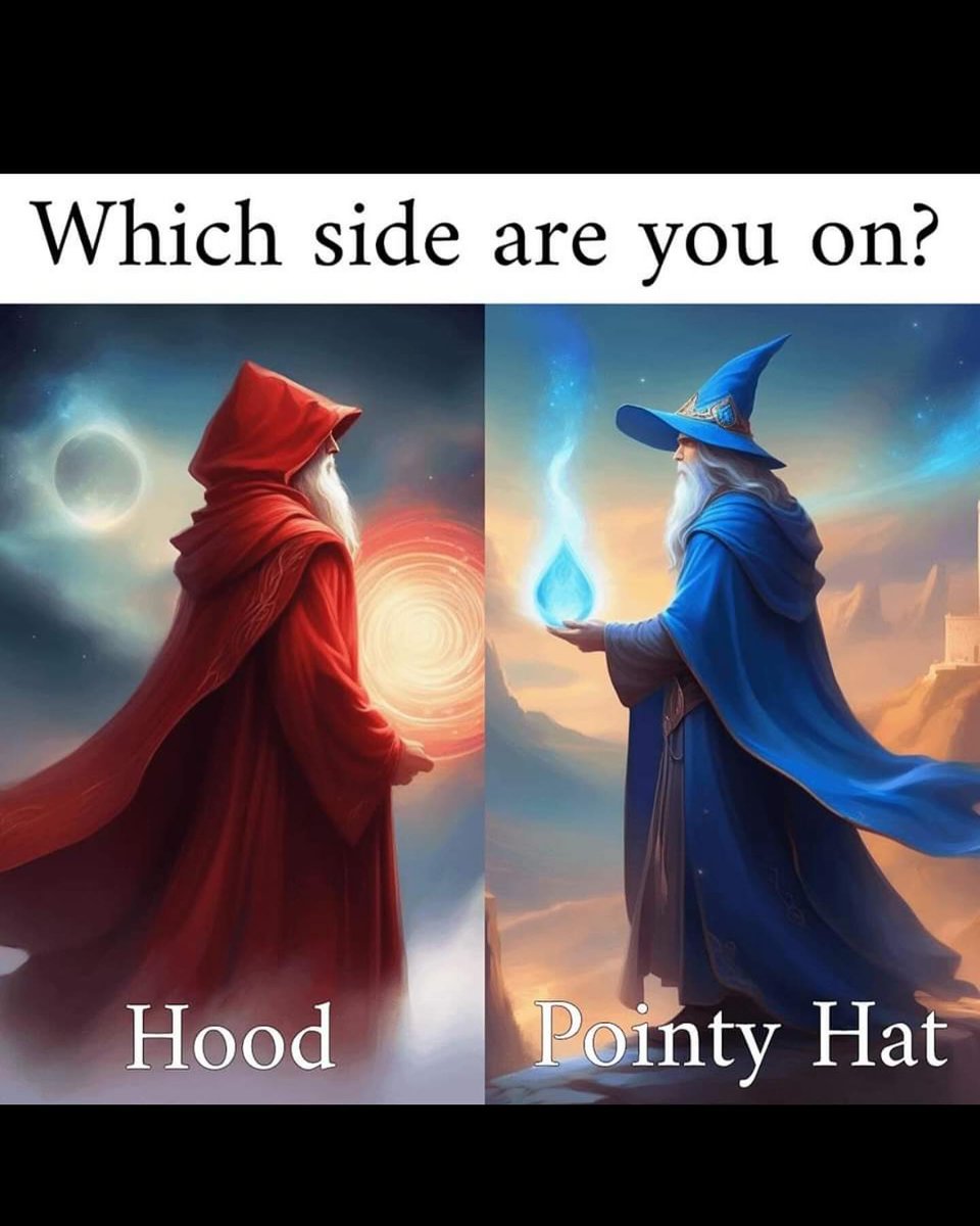 In Wizard War™️, you must choose a side. Pointy hat? Or hood?? Peace was never an option.
.
.
.
Anyways enjoy these D&amp;D memes.