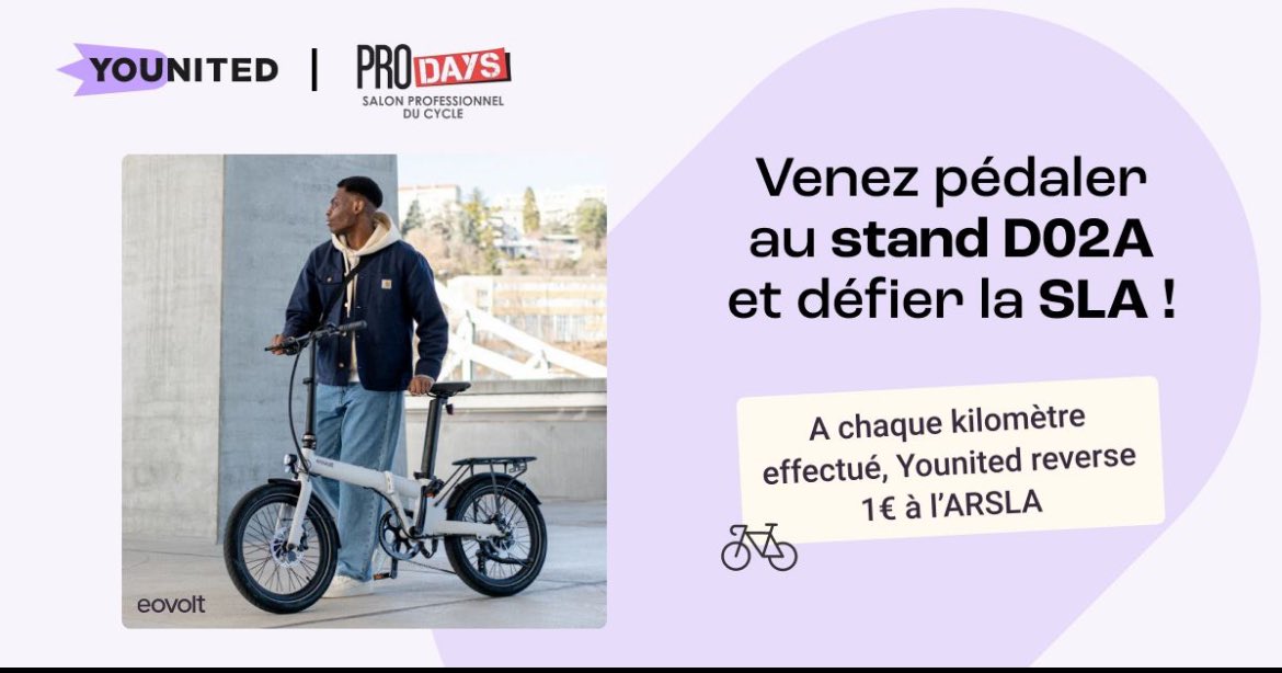 J-7 avant le Salon #VéloPRODAYS 2024 ! 

📅 23-25 juin - MEETT Toulouse
🎗️ RDV Stand D02a pour pédaler sur un vélo <a href="/eovolt_/">Eovolt</a> . Pour chaque kilomètre, <a href="/younited/">Younited</a> reversera 1 € à <a href="/ARSLA75/">ARSLA</a>
🎟️Obtenez votre badge 👉🏼
younited.com/fr/partners/ev…

#DéfieLaSLA #TeamYounited