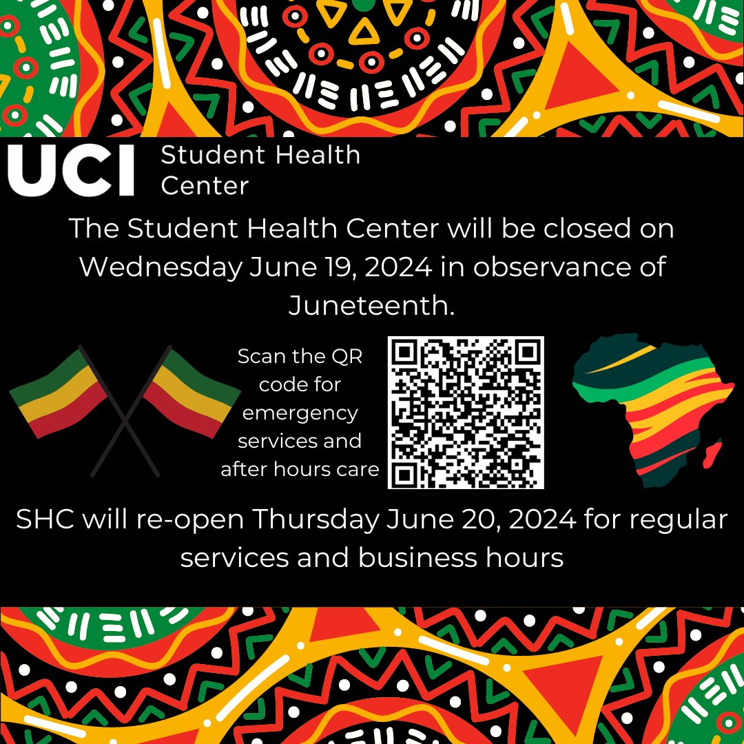 The Student Health Center will be closed in observance of the Juneteenth holiday.