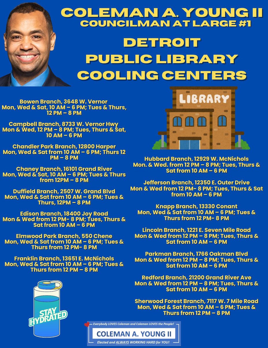 Dr. Jade Burns (@jadecburns) on Twitter photo FYI - Temps reaching in the 90’s all week. See list of Cooling Centers in Detroit below: FYI - Temps reaching in the 90’s all week. See list of Cooling Centers in Detroit below: