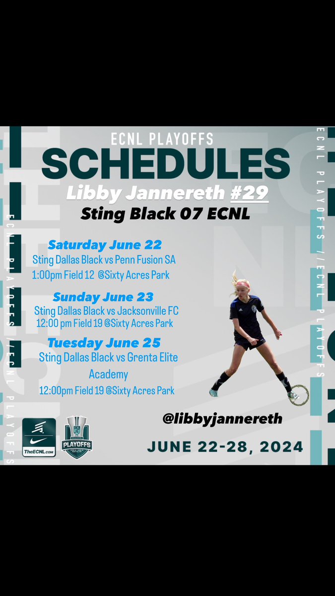 Libby Jannereth (@libbyjannereth) on Twitter photo So excited for Nationals in Seattle and some cooler weather! Come watch me and this great team play!
<a href="/StingECNL07/">StingDallasBlack07ECNL</a> <a href="/adamflynnAF/">Adam Flynn</a> <a href="/tomas_boyle5/">Tomás Boyle</a> <a href="/ImCollegeSoccer/">College Soccer Truth ™</a> <a href="/ImYouthSoccer/">ECNL/GA/Recruiting/College Soccer</a> <a href="/TheSoccerWire/">SoccerWire</a> <a href="/TopDrawerSoccer/">TopDrawerSoccer</a>
Recent highlights ⬇️
profile.veo.co/player/643f435… So excited for Nationals in Seattle and some cooler weather! Come watch me and this great team play!
<a href="/StingECNL07/">StingDallasBlack07ECNL</a> <a href="/adamflynnAF/">Adam Flynn</a> <a href="/tomas_boyle5/">Tomás Boyle</a> <a href="/ImCollegeSoccer/">College Soccer Truth ™</a> <a href="/ImYouthSoccer/">ECNL/GA/Recruiting/College Soccer</a> <a href="/TheSoccerWire/">SoccerWire</a> <a href="/TopDrawerSoccer/">TopDrawerSoccer</a>
Recent highlights ⬇️
profile.veo.co/player/643f435…
