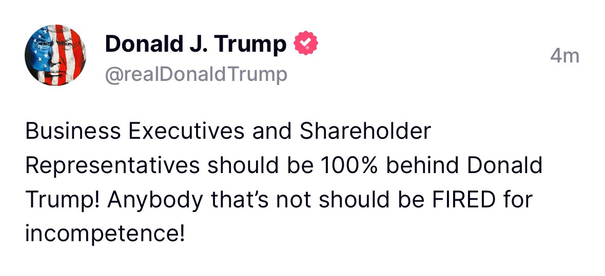 atrupar's tweet image. Trump calls for business leaders to be fired if they don’t support him. Pretty fash!