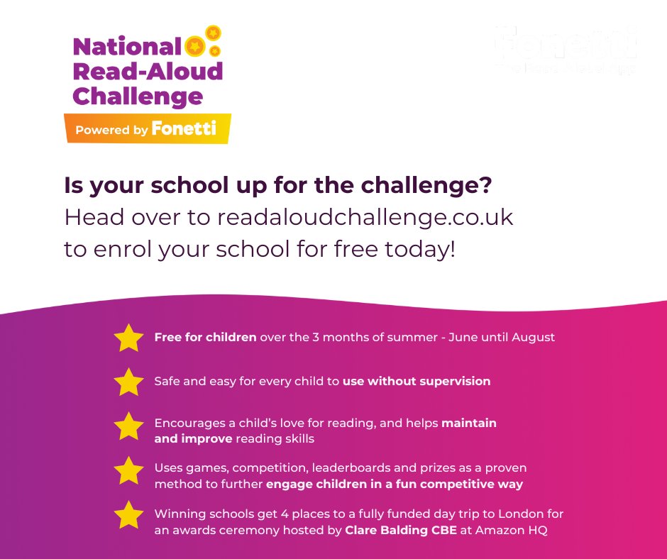 FonettiApp's tweet photo. Join the National Read-Aloud Challenge for a fun summer of reading! 📚🌞Schools across the UK are competing for a chance to win a trip to London at Amazon HQ hosted by Clare Balding CBE. Enrol your school for free today and get your pupils reading aloud together! Link in Comments https://t.co/4634c2gexu