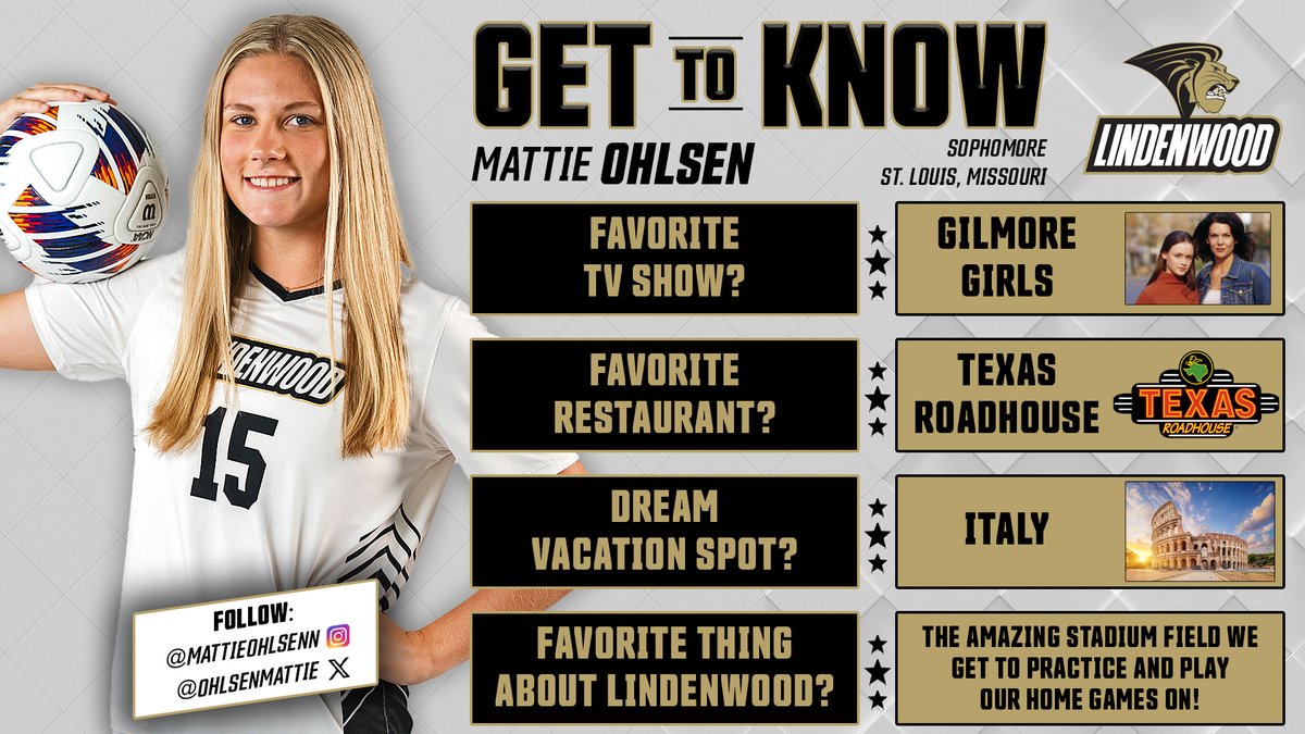 Get to know <a href="/OhlsenMattie/">Mattie Ohlsen</a> from <a href="/LindenwoodWSOC/">Lindenwood Women's Soccer</a> 🦁⚽️

Be sure to catch Ohlsen and the rest of the Lions during their upcoming 2024 season ⬇️

🗓️|tinyurl.com/msfh2rpu

#KnowYourLions // #NewLevel