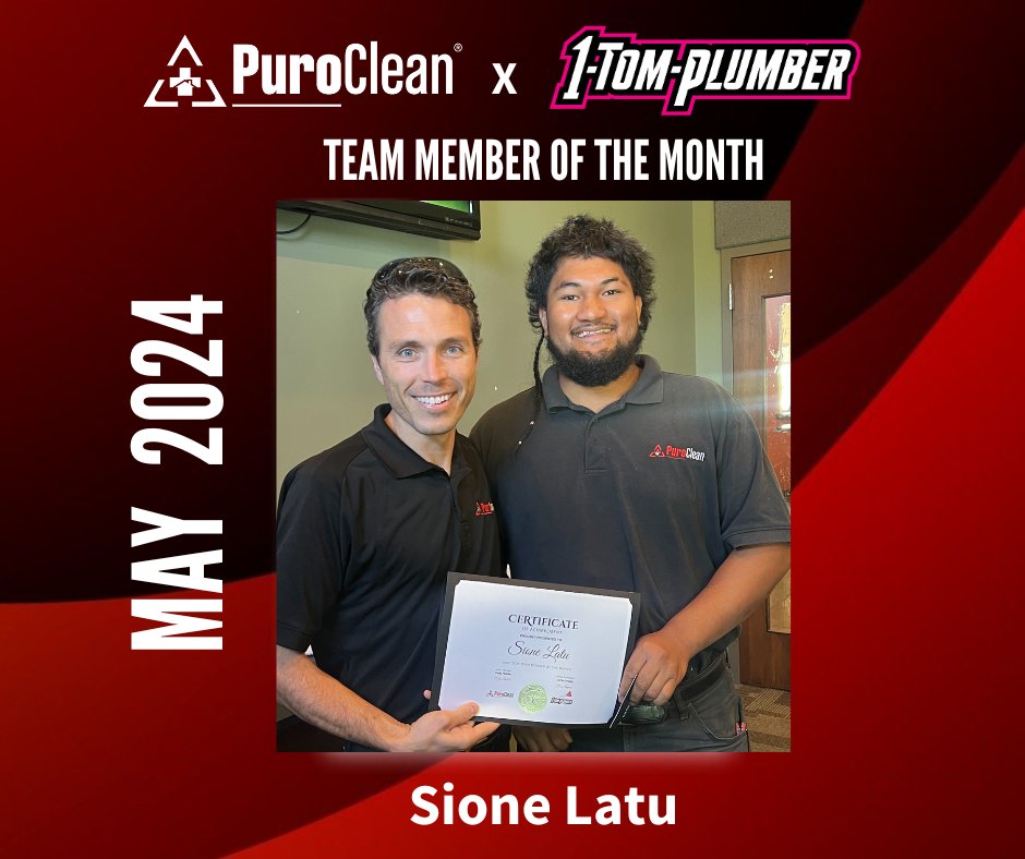 PBluffdale's tweet photo. Congratulations to Sione Latu for being named Team Member of the Month for May by PuroClean of Bluffdale and 1-Tom Plumber! Your hard work, dedication, and positive attitude have made a huge impact. Keep up the amazing work, Sione!
#TeamMemberOfTheMonth #PuroClean #1TomPlumber https://t.co/hL0SJ44Hbf