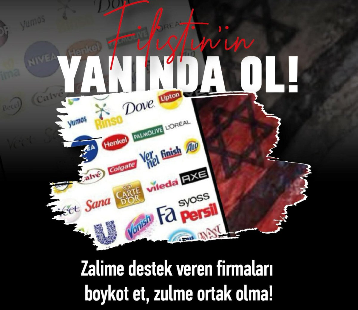 Siyonist zulmü
UNUTMAYACAĞIZ
UNUTTURMAYACAĞIZ

7 Ekim sonrası yeniden başlayan siyonist işgale sessiz kalmamak/zulme ortak olmamak için siyonizm destekçilerini #BoykotaDevamTürkiye diyoruz.

Ve Haykırıyoruz,
#GazzeyiUnutma
#BoykotuUnutma
#BoykotVar

<a href="/erolozvar/">Erol Özvar</a> 
<a href="/ibrahimozcosar/">ibrahim özcoşar</a>