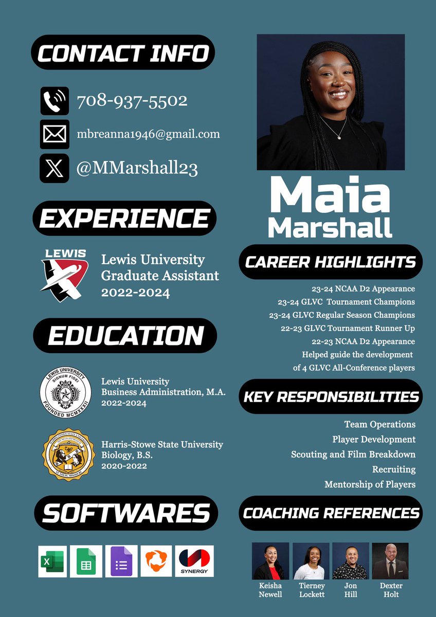 Maia Marshall (@mmarshall23) on Twitter photo 🚨WBB COACHES🚨
I just finished up my second year at Lewis University as the graduate assistant and I am now on the hunt for a DOBO position. 
My resume is in my bio, please feel free to contact me. 🚨WBB COACHES🚨
I just finished up my second year at Lewis University as the graduate assistant and I am now on the hunt for a DOBO position. 
My resume is in my bio, please feel free to contact me.