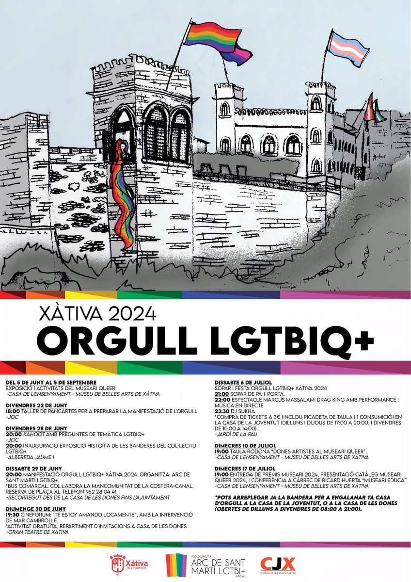 🏳️‍🌈Orgull LGTBIQ+ #Xàtiva 2024

📣Manifestació i Lectura de Manifest
29 juny
Inici: Casa de les Dones
20 h

🎞️Cine “Te estoy amando locamente”
30 juny
Gran Teatre
23 h

🎉Festa Orgull Xàtiva 2024 (amb Sopar de Pa i Porta)
6 juliol
Jardí de la Pau
Des de les 21 h

👇TOTA LA INFO👇