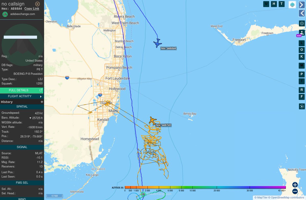 TheIntelFrog's tweet photo. Shift Change
US Navy P-8A Poseidon #AE67D2 appears to be nearing the end of its patrol as P-8A #AE68A4 descends in relief over the Florida Strait.
On the water, the HMCS Ville de Quebec, USCGC Stone, USS Truxtun and USS Delbert D. Black have rejoined forces to shadow the Russians.