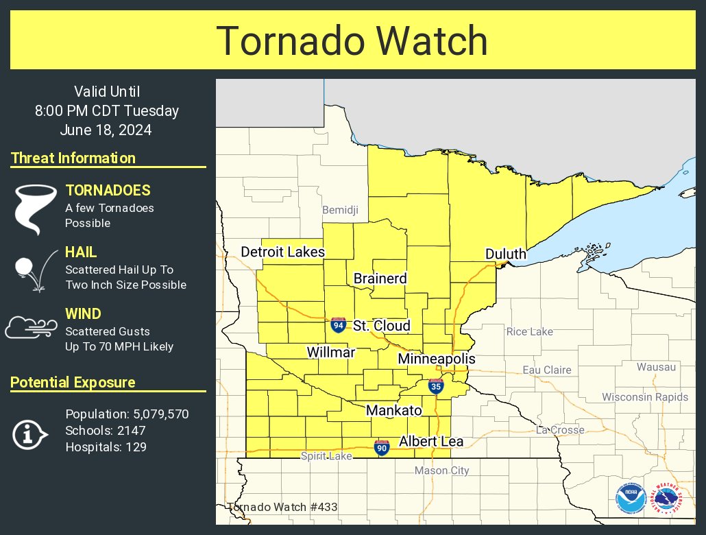 A tornado watch has been issued for parts of Minnesota until 8 PM CDT