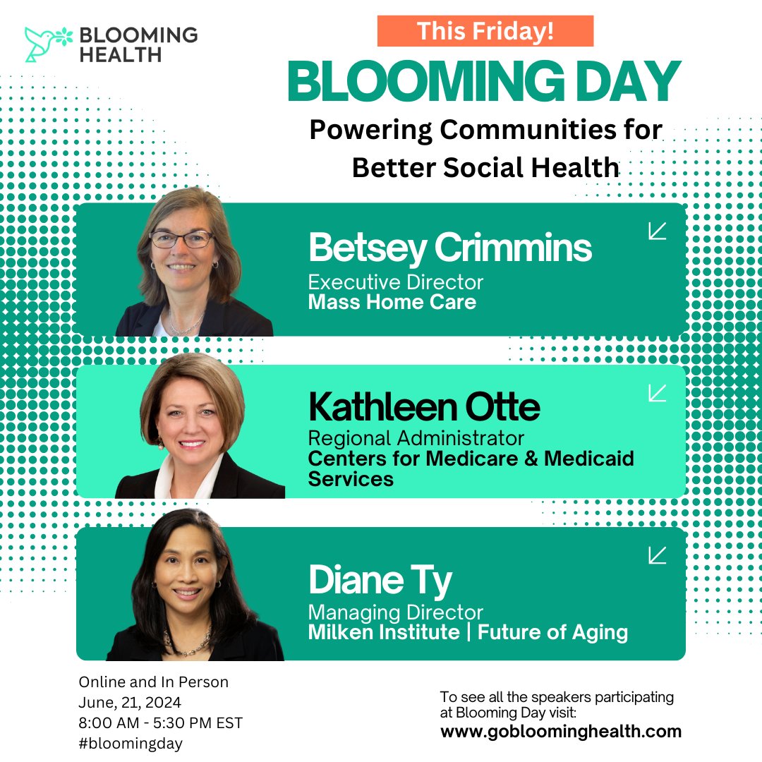 We are grateful to have Betsey Crimmins (<a href="/MassHomeCare/">Mass Home Care</a>), Kathleen Otte (<a href="/CMSGov/">CMSGov</a>) and Diane Ty (@milkeninstitute | Future of Aging) joining our list of guest speakers.

View the full list of speakers and register for this event here: hubs.la/Q02Cj-tp0

#bloomingday