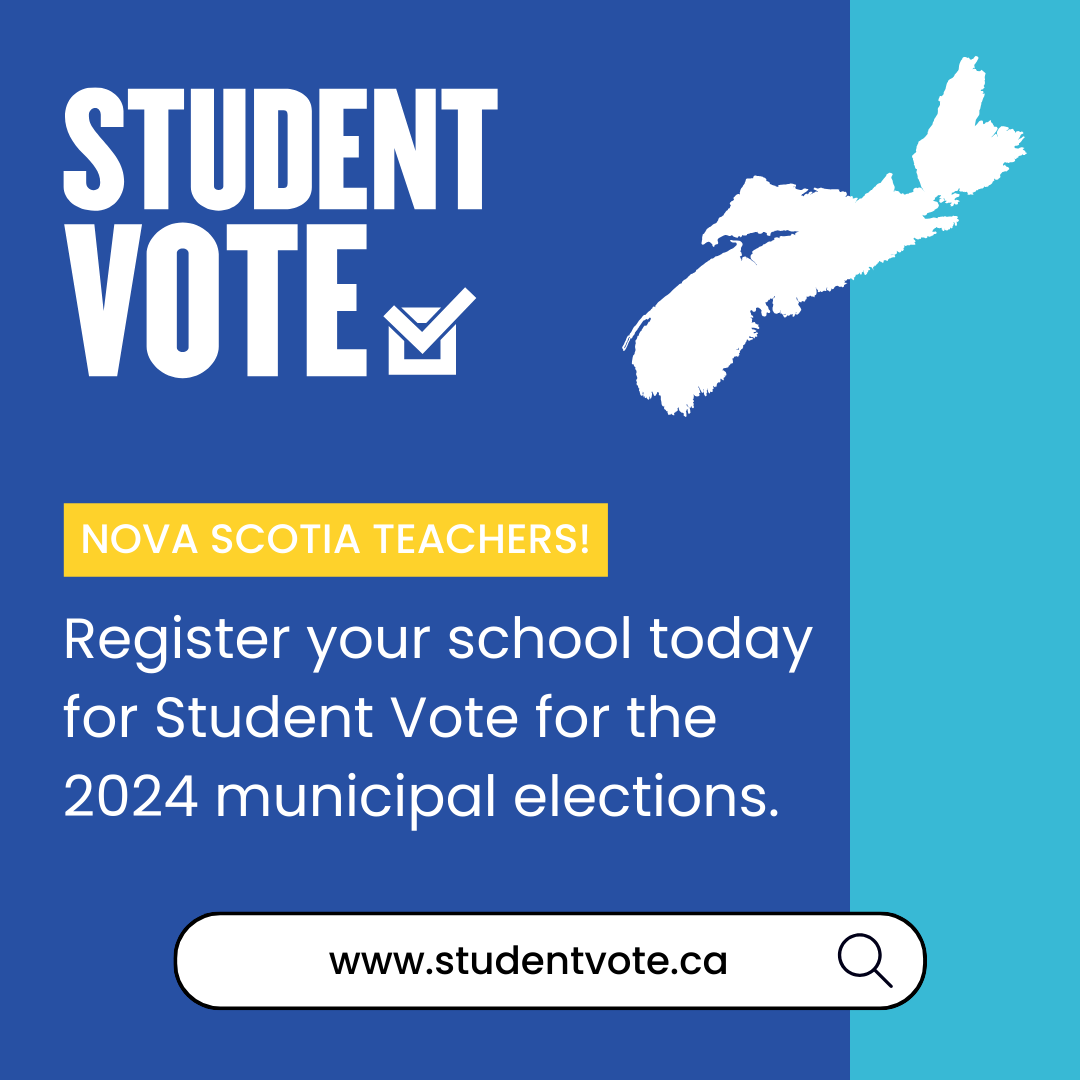 Nova Scotia teachers! You can now register for #StudentVote, coinciding with the 2024 municipal election. ⁠
⁠
Sign up in advance to receive your free materials in early fall.

For more information and to register, go to studentvote.ca