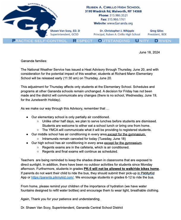 🌞Heat Advisory update includes early dismissal on Thursday for our Elementary School students #GanandaProud