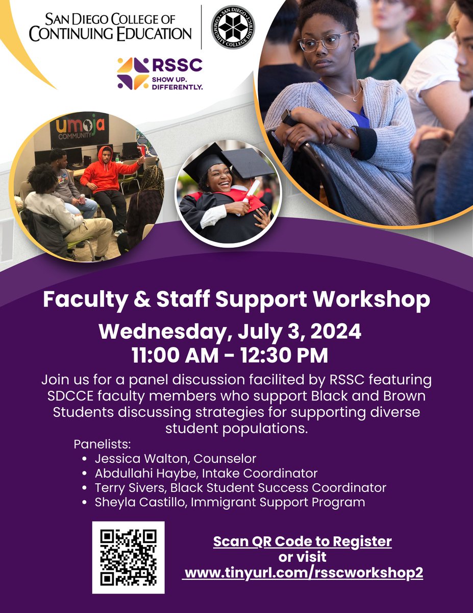 Join us next month for a panel discussion with SDCCE faculty on how best to support our students of color! Listen to experts share their valuable insights in an opportunity for faculty, staff, &amp; students to gain knowledge on effective practices. Register: us02web.zoom.us/meeting/regist…