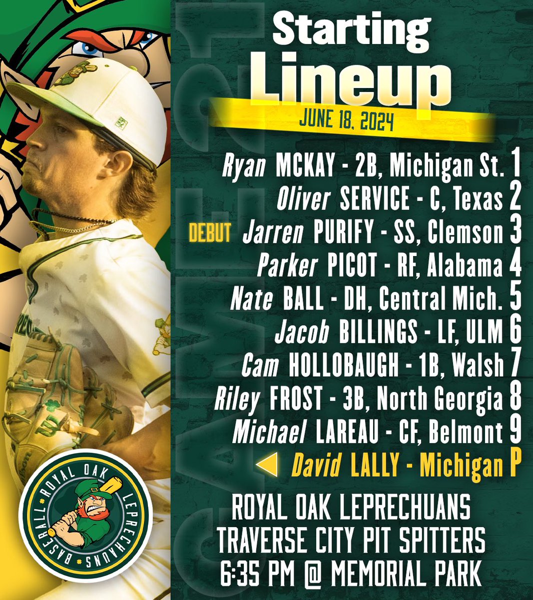 Tonight’s starters vs <a href="/TCPitSpitters/">Traverse City Pit Spitters</a> 
⚾️: 6:35PM
Tickets: royal-oak-leprechauns.nwltickets.com/Buy/Tickets