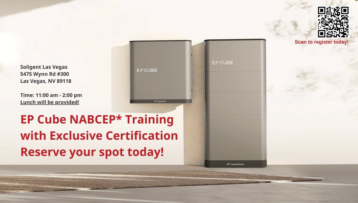 Canadian_Solar's tweet image. Join us alongside Soligent to learn about our EP Cube and become a certified installer in just one day. Plus, enjoy a free lunch with us!
📅 June 25th
🕚 11:00 AM - 2:00 PM
📍 Soligent Las Vegas
✍️ forms.office.com/r/0hyTE9BZ3R

#CanadianSolarNA #EPCube #NABCEP #Training #EnergyStorage