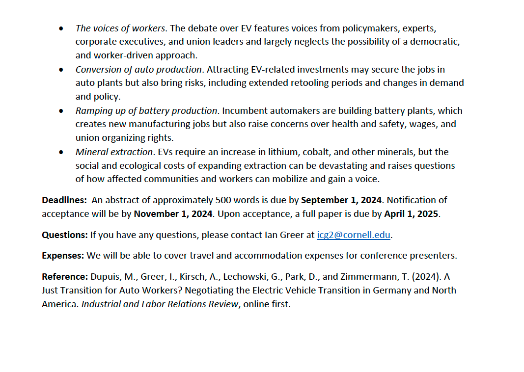 Mathieu Dupuis (@dupuismathieuri) on Twitter photo Dear network, we are organizing at the <a href="/cornellilr/">Cornell ILR School</a> in NYC 9-10 May 2025 a conference on "Labor and the transition to electric vehicles: A global perspective". We are seeking contributions on the broad consequences of this shift. An edited book will be proposed <a href="/CornellPress/">Cornell University Press</a> Dear network, we are organizing at the <a href="/cornellilr/">Cornell ILR School</a> in NYC 9-10 May 2025 a conference on "Labor and the transition to electric vehicles: A global perspective". We are seeking contributions on the broad consequences of this shift. An edited book will be proposed <a href="/CornellPress/">Cornell University Press</a>