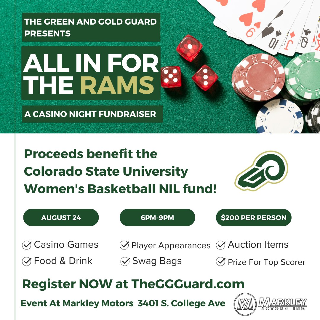 🎲✨ Get ready to hit the jackpot for a great cause! Join us for an unforgettable Casino Night to support the CSU Women's Basketball NIL Fund! 🏀💚

🗓️ Date: August 24
📍 Venue: Markley Motors
⏰ Time: 6-9