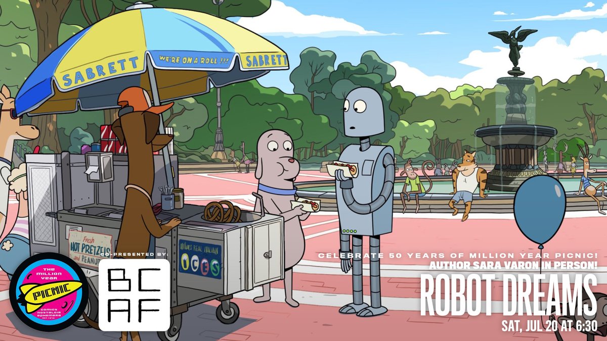 Author Sara Varon in Person! Join us Sat, July 20 at 6:30 to celebrate 50 years of <a href="/myp_comics/">Million Year Picnic</a> with a screening of Academy-Award nominated feature ROBOT DREAMS, co-presented with Boston Comic Arts Foundation. Tickets on sale now! Learn more: brattlefilm.org/movies/robot-d… <a href="/neonrated/">NEON</a>