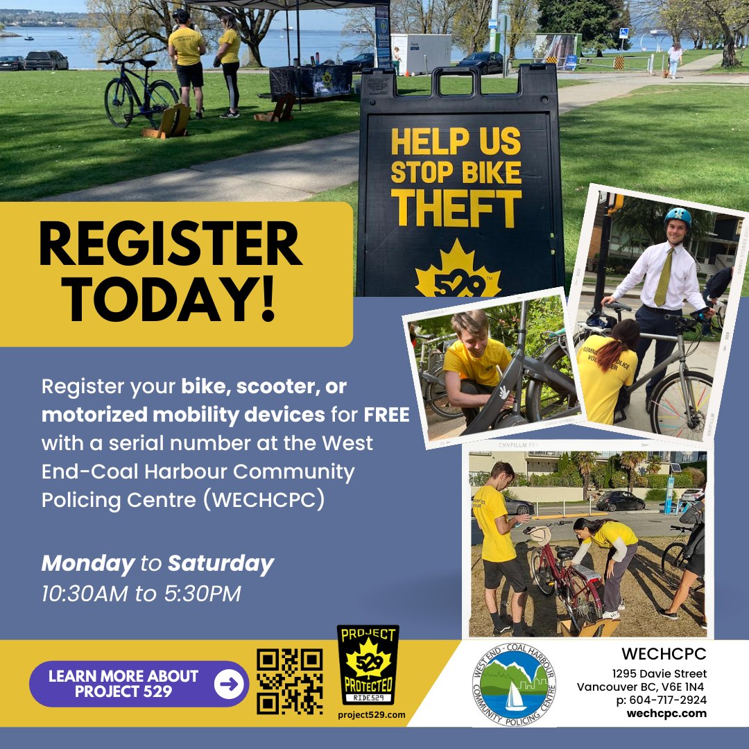 Stop by the <a href="/WECHCPC/">WECHCPC</a> to register your bike, scooter or motorized mobility device for #FREE! 
<a href="/Project529BC/">Project 529 Community</a>  deters theft and helps recover stolen and lost bikes through a continent-wide online registry. Learn more here: project529.com/garagBC.