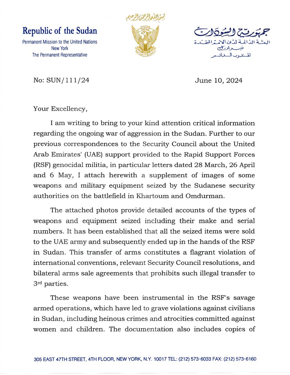 Sudan_tweet's tweet photo. جانب من الأدلة الإضافية التي قدمتها الحكومة السودانية لمجلس الأمن الدولي، تتعلق بالدعم الإماراتي لمليشيا الدعم السريع في حربها على الشعب السوداني.
#السودان https://t.co/z4RAKl4Gxo
