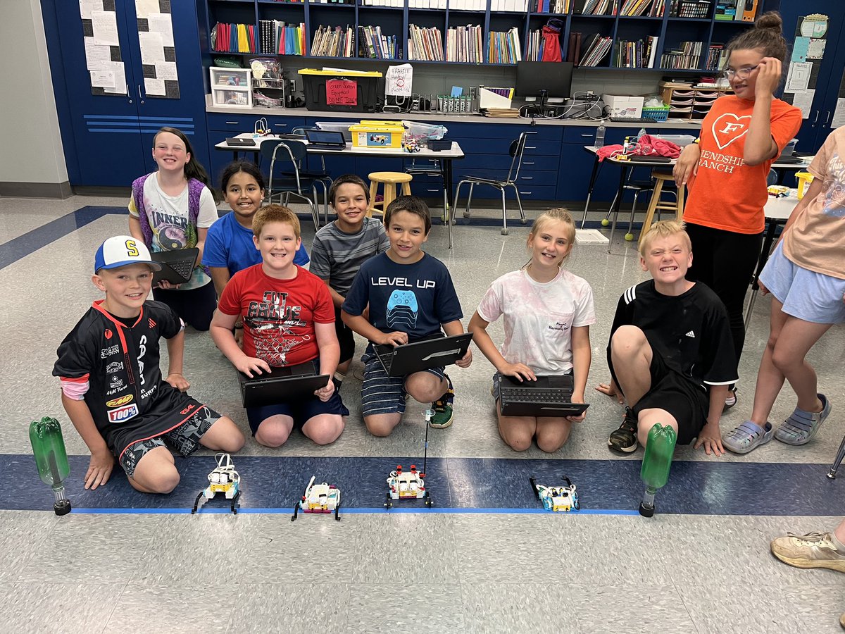 StaciGibby's tweet photo. Rising 5th graders created hopping robots to compete in a race in STEM at SCS Summer Learning Camp. They designed and created the robot and programming for each bot! https://t.co/29GUSYZW4b