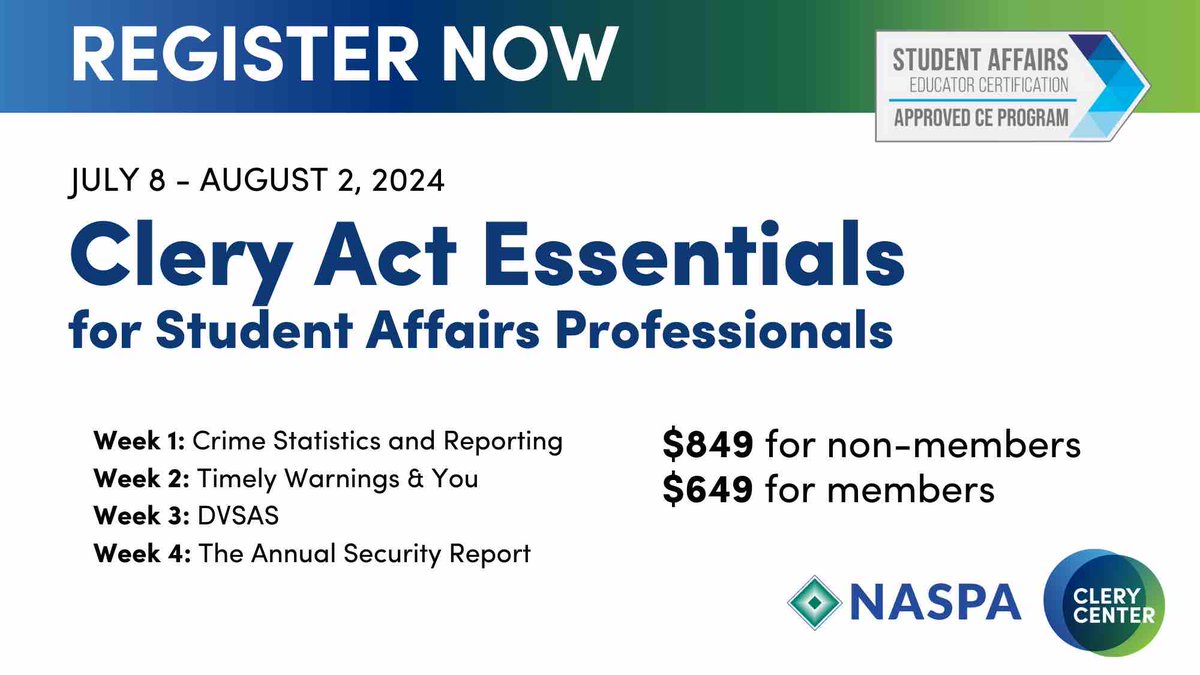 We are so excited to bring you Clery Act Essentials for Student Affairs Professionals in partnership with NASPA.

This course will demystify the aspects of the Clery Act that apply to student affairs roles.

Register today at learning.naspa.org/p/cleryactesse…. #cleryact #campussafety