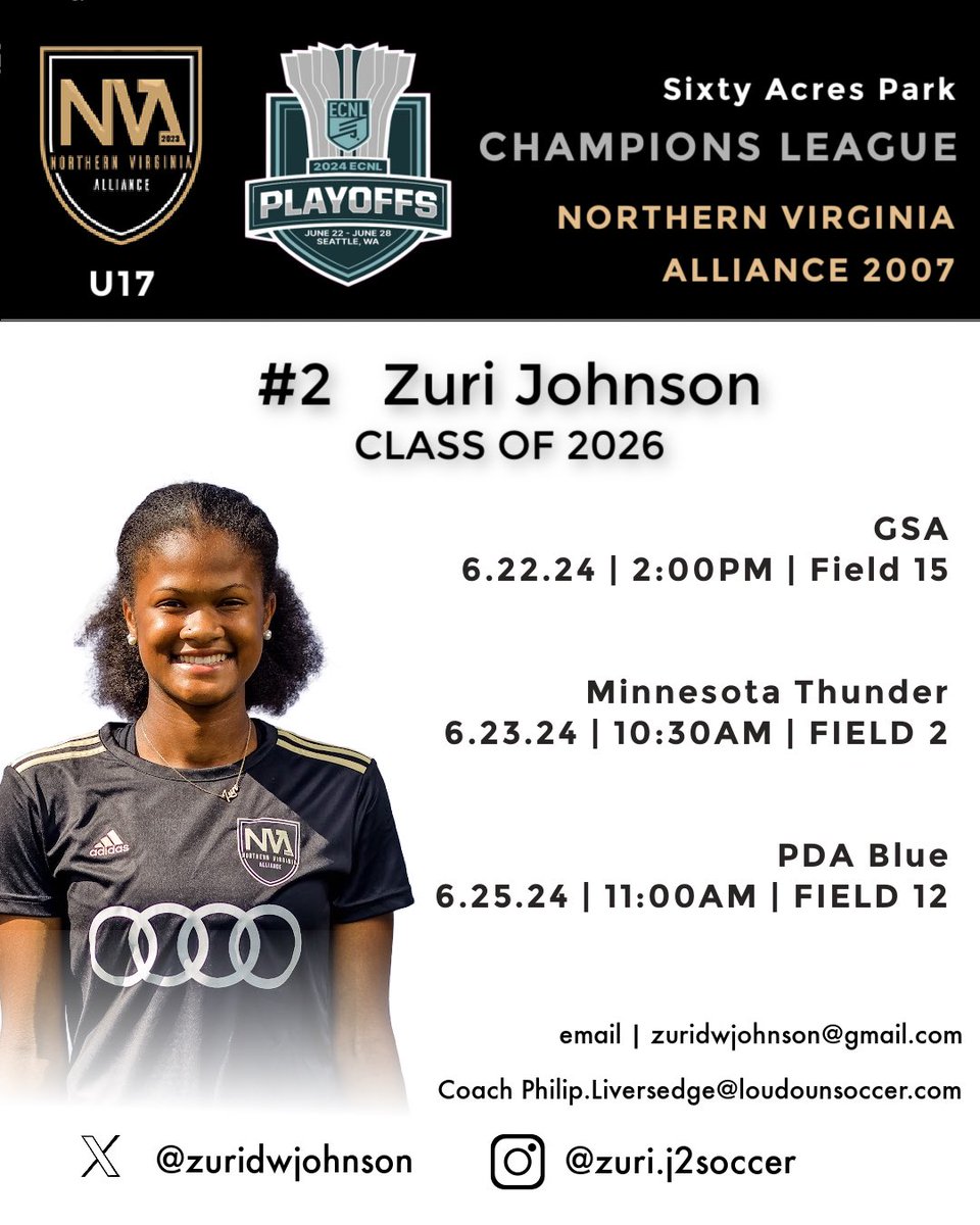 Zuri Johnson - 2026 - #2 (@zuridwjohnson) on Twitter photo Super excited to head out west for ECNL Seattle Playoffs. Come watch my team and I compete as we have some strong competition ahead of us.
<a href="/AllianceECNL07/">Northern Virginia Alliance ECNL 2007</a> <a href="/ImYouthSoccer/">ECNL/GA/Recruiting/College Soccer</a> <a href="/ImCollegeSoccer/">College Soccer Truth ™</a> <a href="/TheSoccerWire/">SoccerWire</a> <a href="/TopDrawerSoccer/">TopDrawerSoccer</a> <a href="/ECNLgirls/">ECNL Girls</a> Super excited to head out west for ECNL Seattle Playoffs. Come watch my team and I compete as we have some strong competition ahead of us.
<a href="/AllianceECNL07/">Northern Virginia Alliance ECNL 2007</a> <a href="/ImYouthSoccer/">ECNL/GA/Recruiting/College Soccer</a> <a href="/ImCollegeSoccer/">College Soccer Truth ™</a> <a href="/TheSoccerWire/">SoccerWire</a> <a href="/TopDrawerSoccer/">TopDrawerSoccer</a> <a href="/ECNLgirls/">ECNL Girls</a>