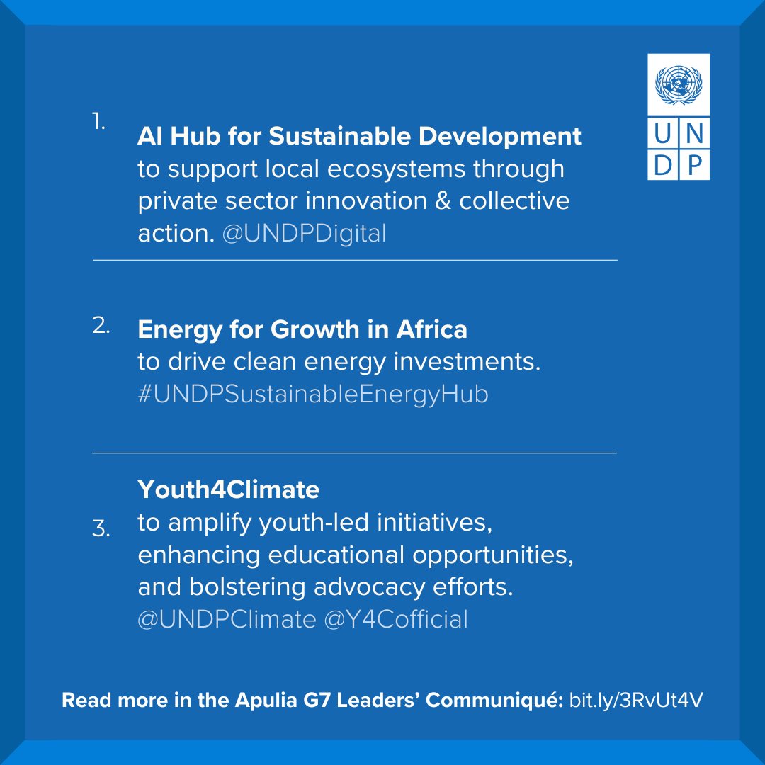 Congrats to the <a href="/G7/">G7</a> and the Italian Presidency! 

<a href="/UNDP/">UN Development</a> is pleased that support to developing countries was at the core of the G7 Leaders Summit’s discussions.

We look forward to continuing to deliver on the #SDGs, especially via these 3 areas. 

More: bit.ly/3RvUt4V