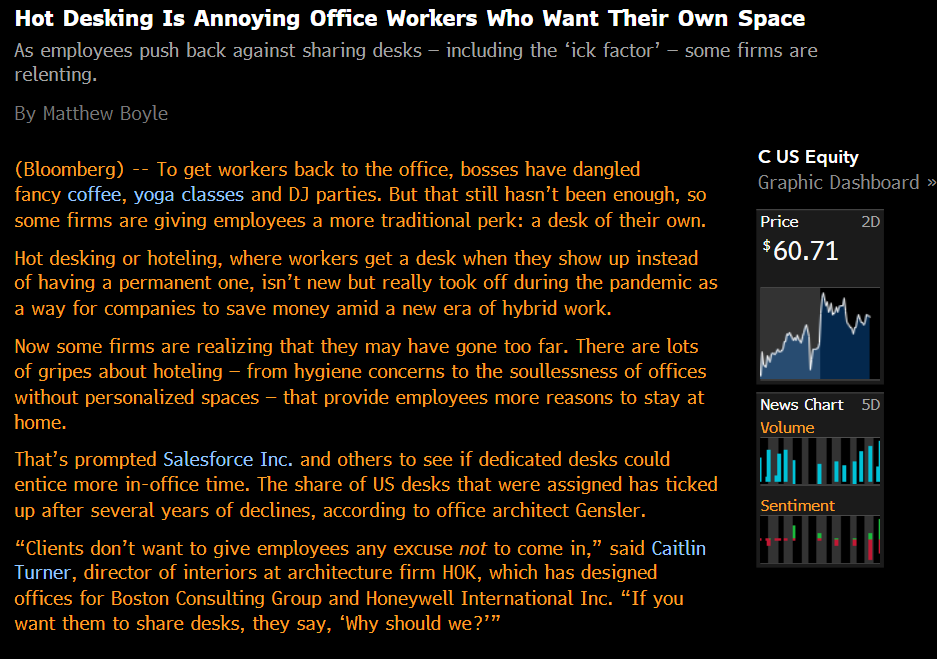 doggedtenacity's tweet photo. Hot Desking Is Annoying Office Workers Who Want Their Own Space
As employees push back against sharing desks โ including the โick factorโ โ some firms are relenting.
By Matthew Boyle @business #office #WFH #RTO #CMBS #CMBX https://t.co/vmSJtDE6vL