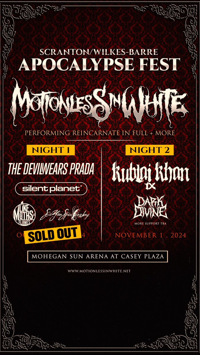 APOCALYPSE FEST - NIGHT 2 - NOVEMBER 1ST

<a href="/MIWband/">Motionless In White</a> X <a href="/KublaiKhanTX/">Kublai Khan TX</a> X <a href="/DarkDivineMusic/">Dark Divine</a>