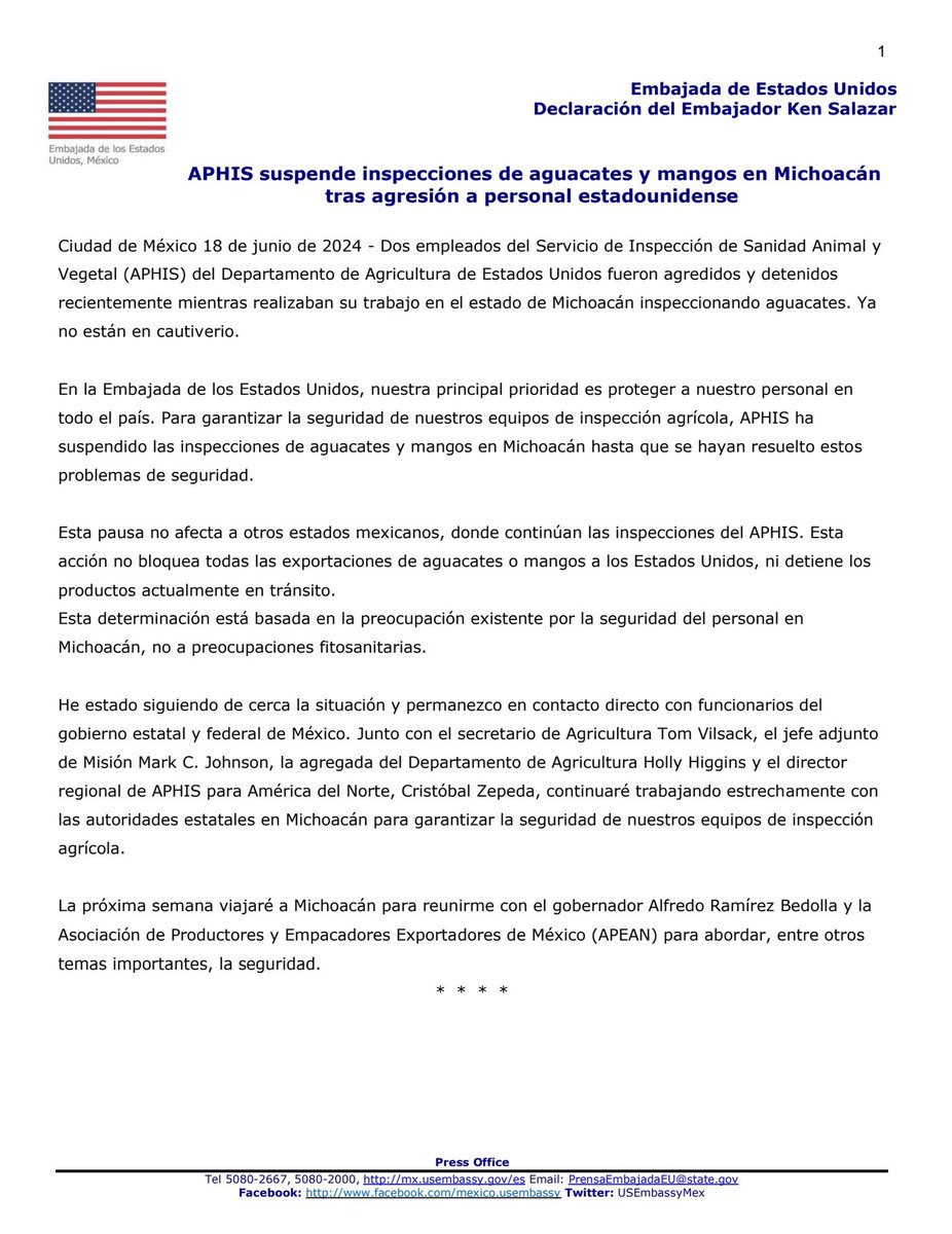 LupitaJuarezH's tweet image. 🔴 Suspende el Servicio de Inspección de Sanidad Animal y Vegetal #APHIS de los #EUA las inspecciones de aguacates y mangos en Michoacán hasta que se hayan resuelto los problemas de seguridad, luego que dos empleados del Servicio fueron agredidos y detenidos.

Estados Unidos…