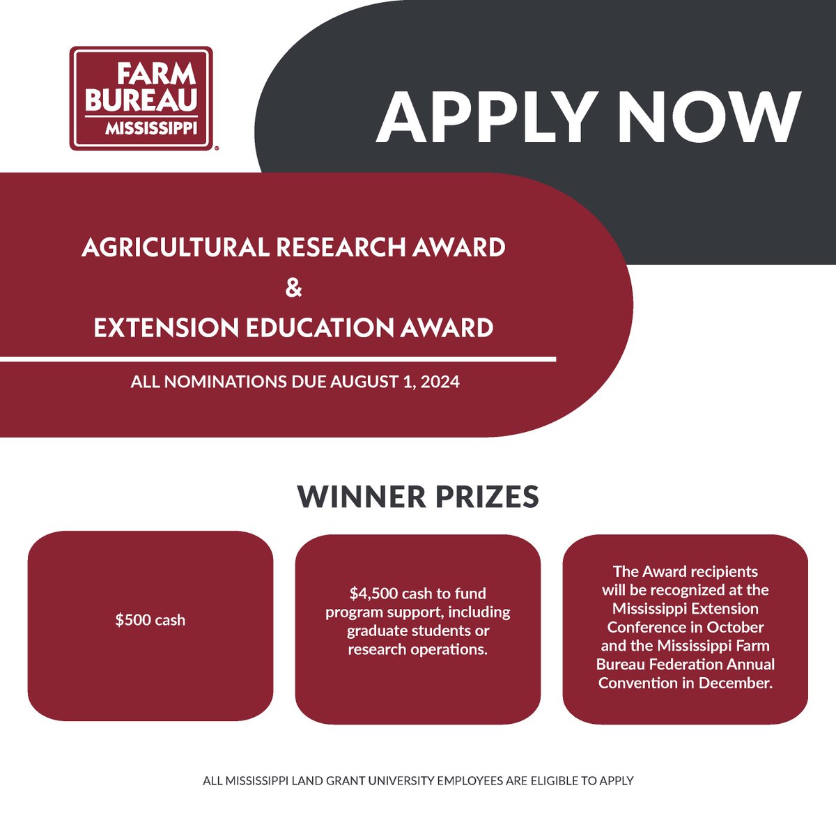 Do you know a worthy land grant university employee? Encourage them to apply for recognition through these two Farm Bureau Agriculture Research and Extension Education Awards! Deadline is August 1st.
msfb.org/farm-bureau-aw…