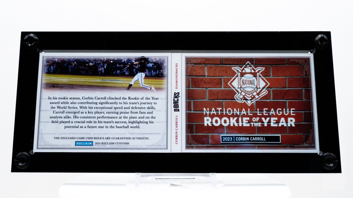 reclaimcustoms's tweet image. Speed, Skill, and Grit: Corbin Carroll is the 2023 NL Rookie of the Year! 

Check out this custom relic booklet with blue and silver foil, highlighting the game used baseball bat relics. 

That’s right, this booklet has BAT relics.

#baseballcard #reclaimcustoms #corbincarroll