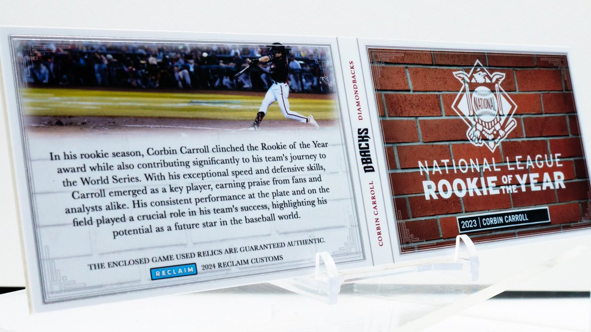 reclaimcustoms's tweet image. Speed, Skill, and Grit: Corbin Carroll is the 2023 NL Rookie of the Year! 

Check out this custom relic booklet with blue and silver foil, highlighting the game used baseball bat relics. 

That’s right, this booklet has BAT relics.

#baseballcard #reclaimcustoms #corbincarroll