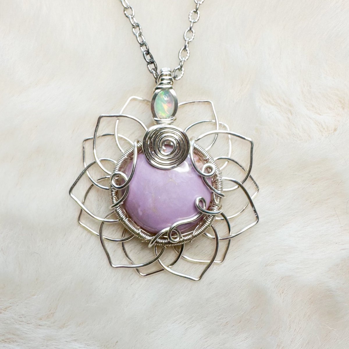 opal &amp; phosphosiderite sunflower necklace💜

apart of my “purple paradise” collection coming Friday June 21st at 8pm eastern time