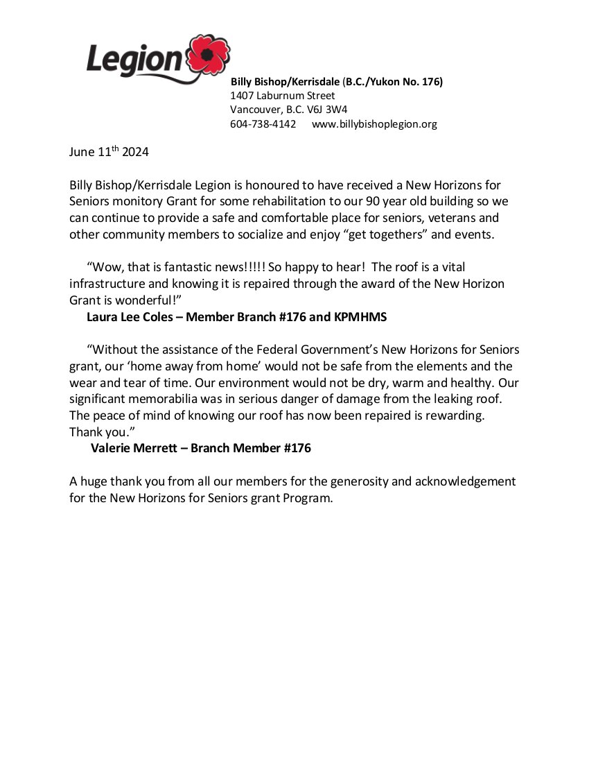 The Billy Bishop/Kerrisdale Legion is honoured to have been awarded a New Horizons Seniors Program grant from the Government of Canada! Thank-you.