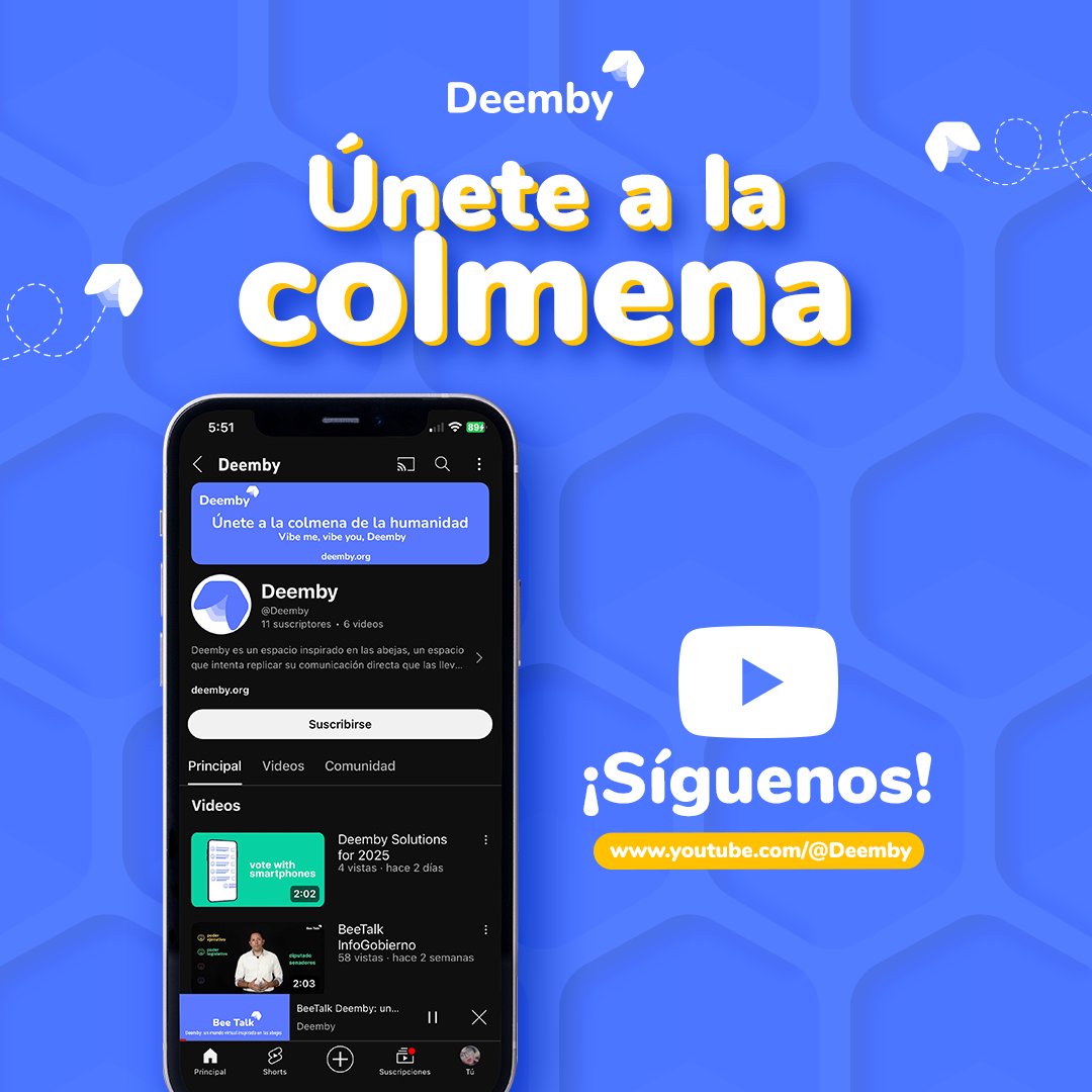 Deemby es un espacio inspirado en la democracia plena que tienen las abejas. Es por eso que buscamos ser la plataforma donde puedas expresarte y comunicarte sin importar nacionalidad, gobierno, raza o religión.

¡Suscríbete a nuestro canal de Youtube! 🐝
youtube.com/@Deemby