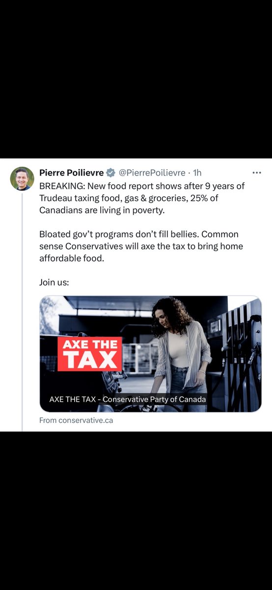 Poilievre is lying. Trudeau doesn’t tax food or groceries. Not even the carbon tax. Unless it’s prepared food. The carbon tax on gas is minuscule. Poilievre says here that people are living in poverty. And that’s after he voted against a national food program for kids. Asshole.