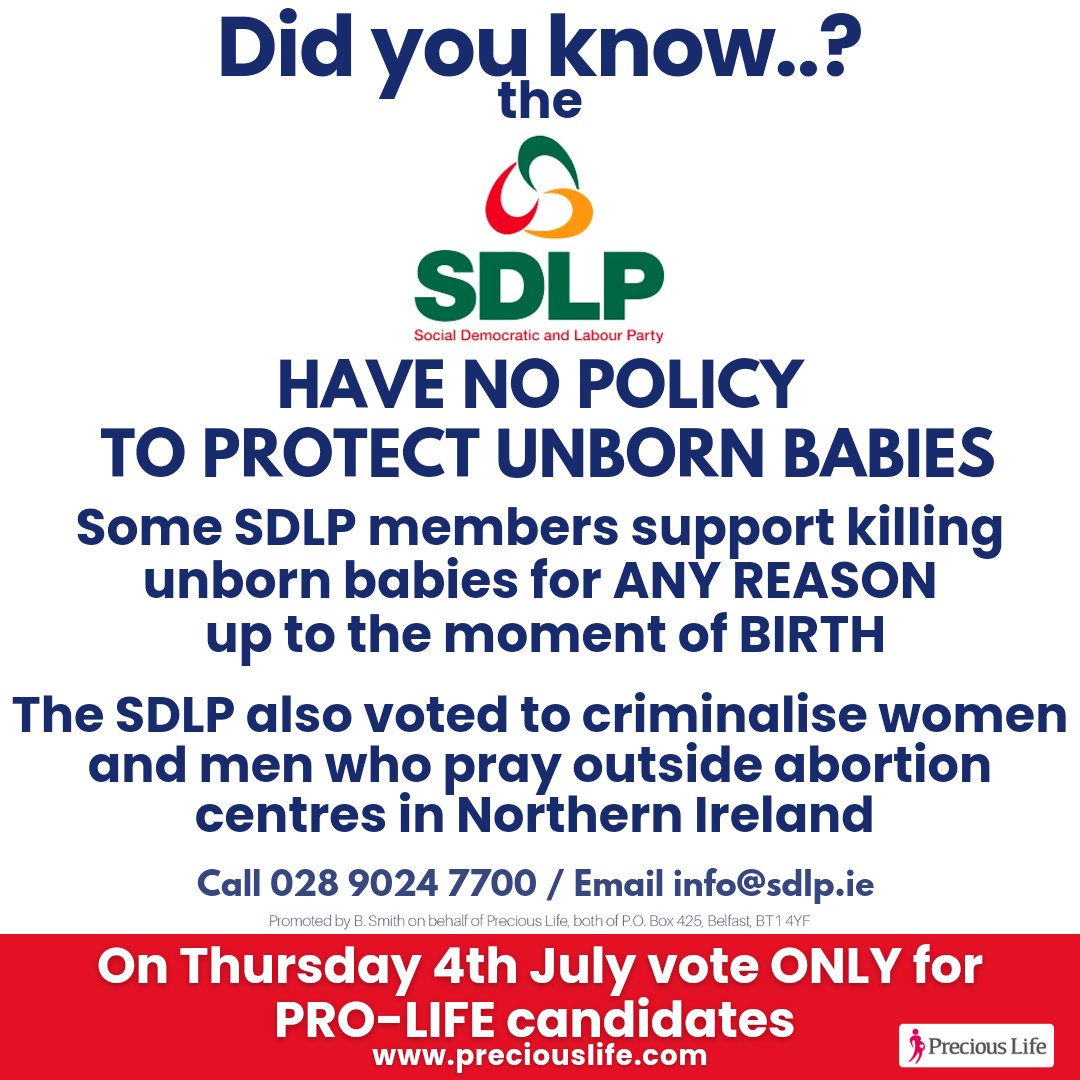 RockofLifeNI's tweet photo. The SDLP has NO policy to protect unborn babies.🚫

4 of their MLAs even voted in support of the killing little defenceless unborn babies with disabilities, up to birth in Northern Ireland.
#NotWithMyVote #GE2024 https://t.co/gcHOhPCAAy