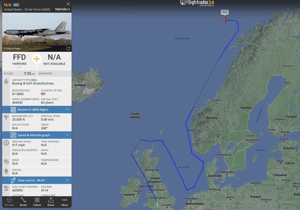 alternativewip's tweet photo. #USAF B-52H stratofortress seen on the flight radar throughout today, departure with another B-52H from RAF fairford however just the one visible here. #AE589C https://t.co/PGlzcl66Z4