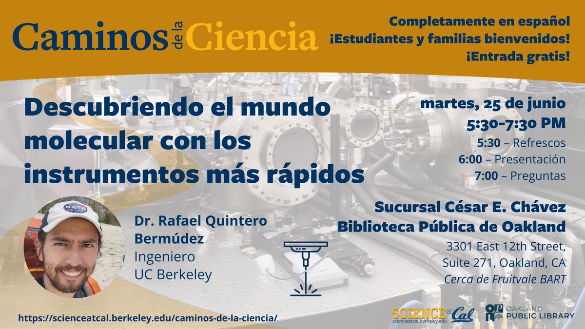 Science at Cal (@scienceatcal) on Twitter photo 👁️👂¿Observar fenómenos más allá de lo que permiten nuestros sentidos? ¡Suena a ciencia ficción! Acompañenos en “Descubriendo el mundo molecular con los instrumentos más rápidos” con Dr. Rafael Quintero Bermúdez, el 25 de junio, 5:30PM, <a href="/oaklibrary/">Oakland Public Library</a>! Más: events.berkeley.edu/SciatCal/event… 👁️👂¿Observar fenómenos más allá de lo que permiten nuestros sentidos? ¡Suena a ciencia ficción! Acompañenos en “Descubriendo el mundo molecular con los instrumentos más rápidos” con Dr. Rafael Quintero Bermúdez, el 25 de junio, 5:30PM, <a href="/oaklibrary/">Oakland Public Library</a>! Más: events.berkeley.edu/SciatCal/event…